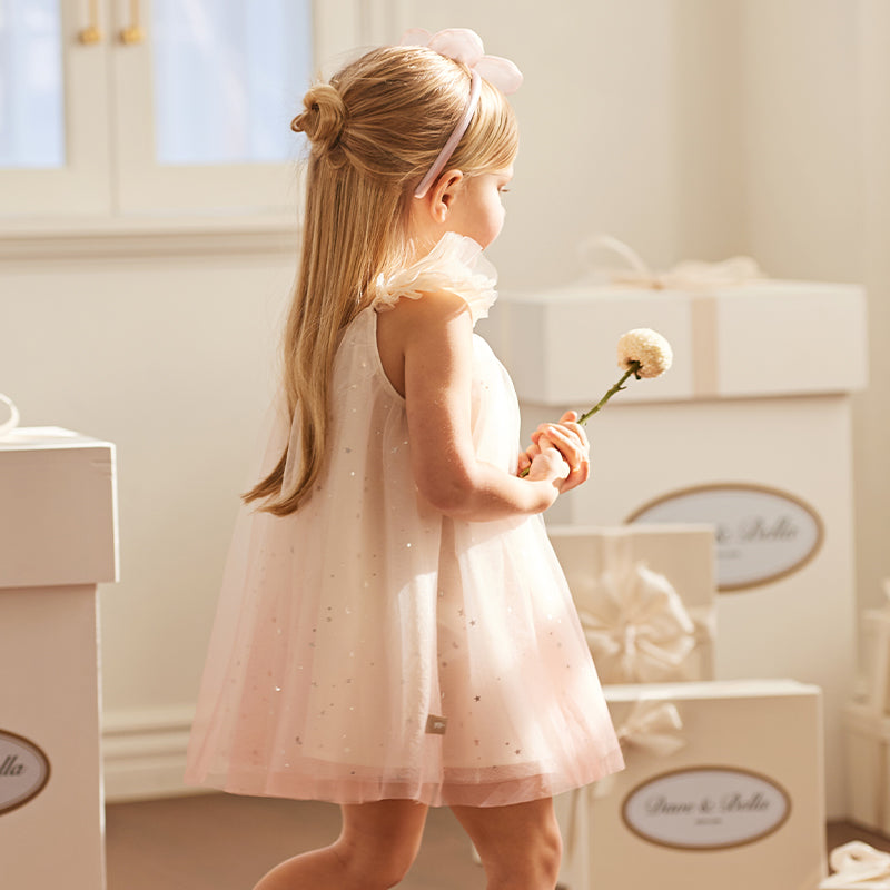 فستان صيفي للبنات الصغيرات بدون أكمام من التول الوردي المتدرج مزين بترتر متلألئ
