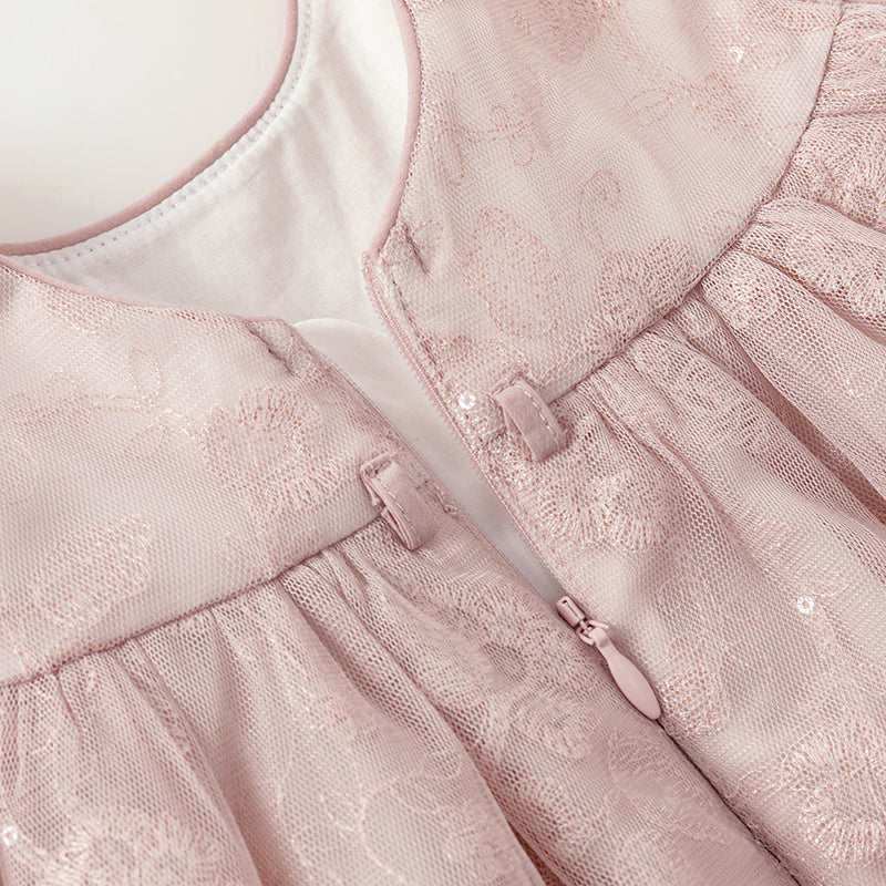 فستان صيفي للبنات الصغيرات من التول باللون الوردي مع تطريز زهور فاخر