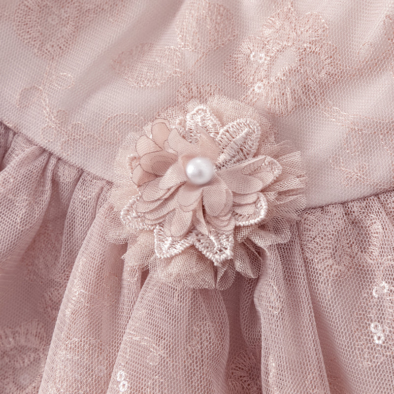 فستان صيفي للبنات الصغيرات من التول باللون الوردي مع تطريز زهور فاخر