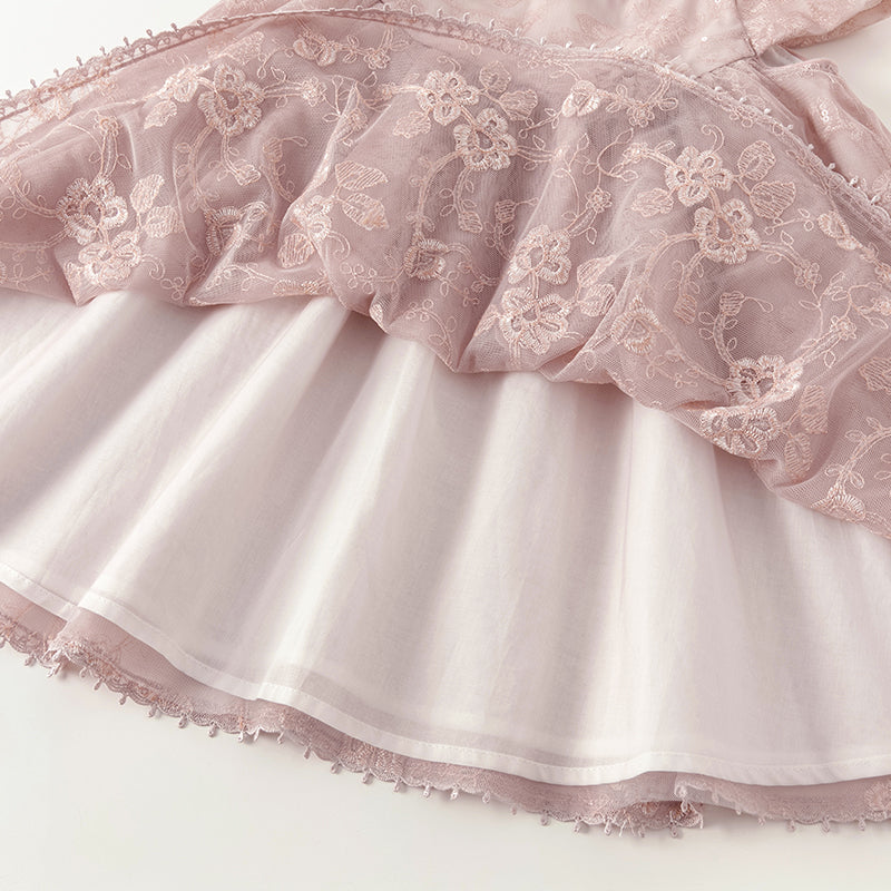 فستان صيفي للبنات الصغيرات من التول باللون الوردي مع تطريز زهور فاخر