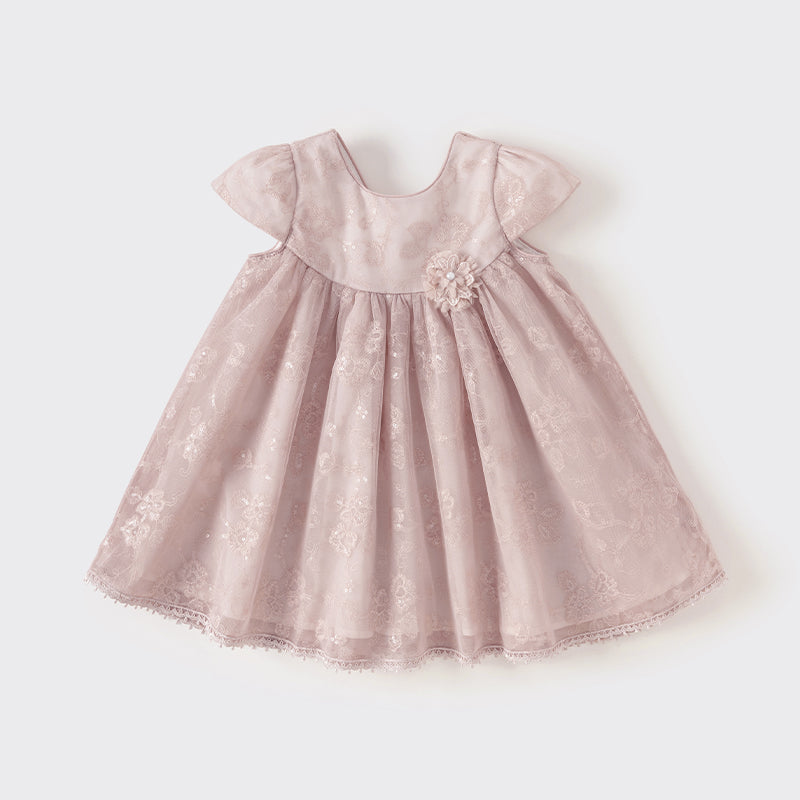فستان صيفي للبنات الصغيرات من التول باللون الوردي مع تطريز زهور فاخر