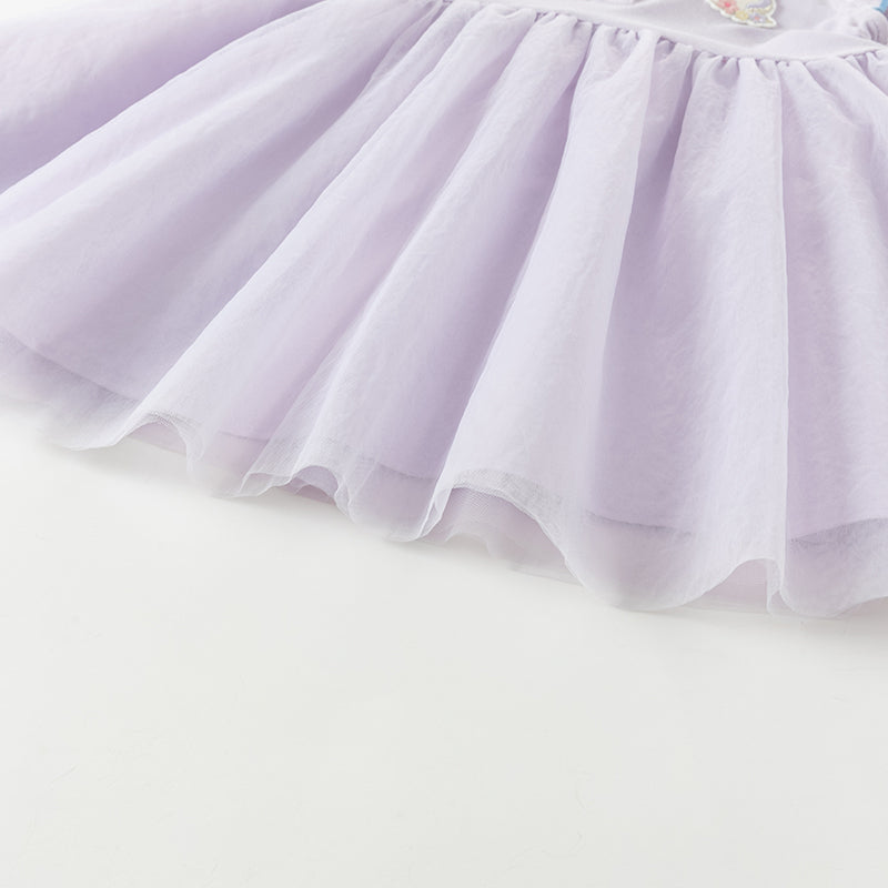 فستان بنات صيفي باللون البنفسجي من قماش محبوك مع تنورة تول، بأسلوب غير رسمي