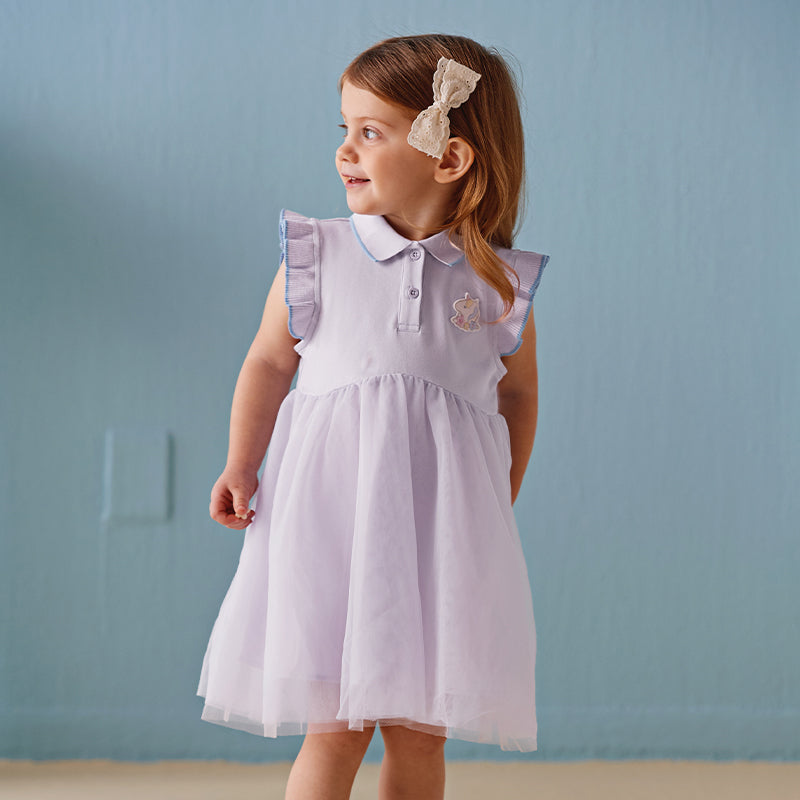 فستان بنات صيفي باللون البنفسجي من قماش محبوك مع تنورة تول، بأسلوب غير رسمي