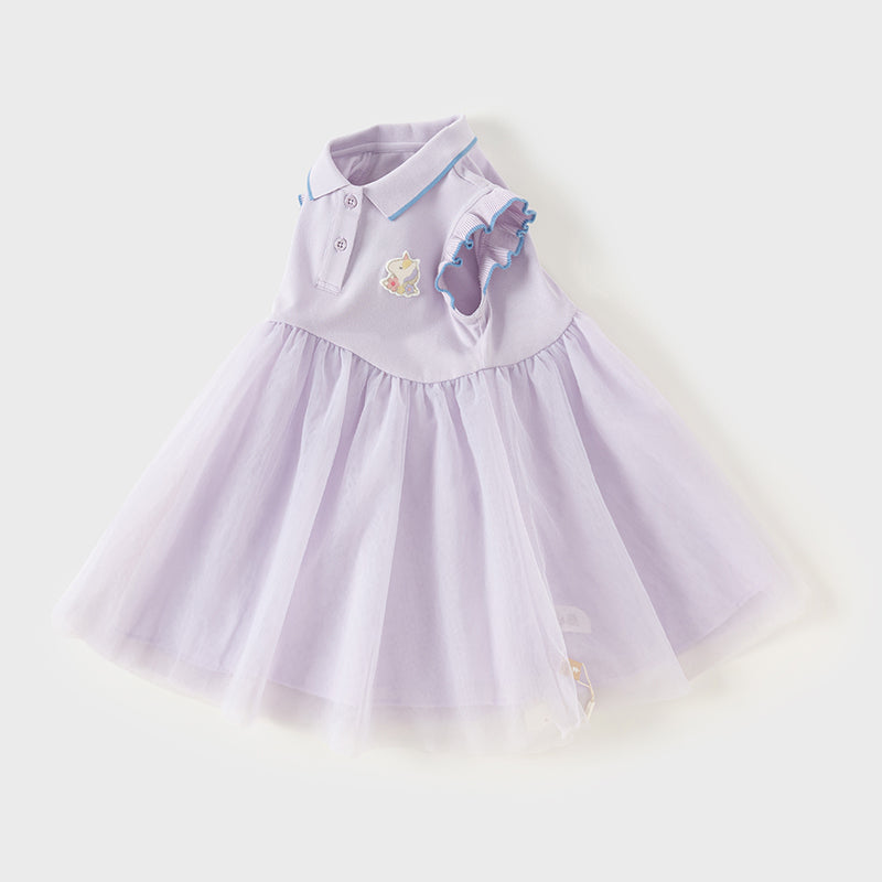 فستان بنات صيفي باللون البنفسجي من قماش محبوك مع تنورة تول، بأسلوب غير رسمي