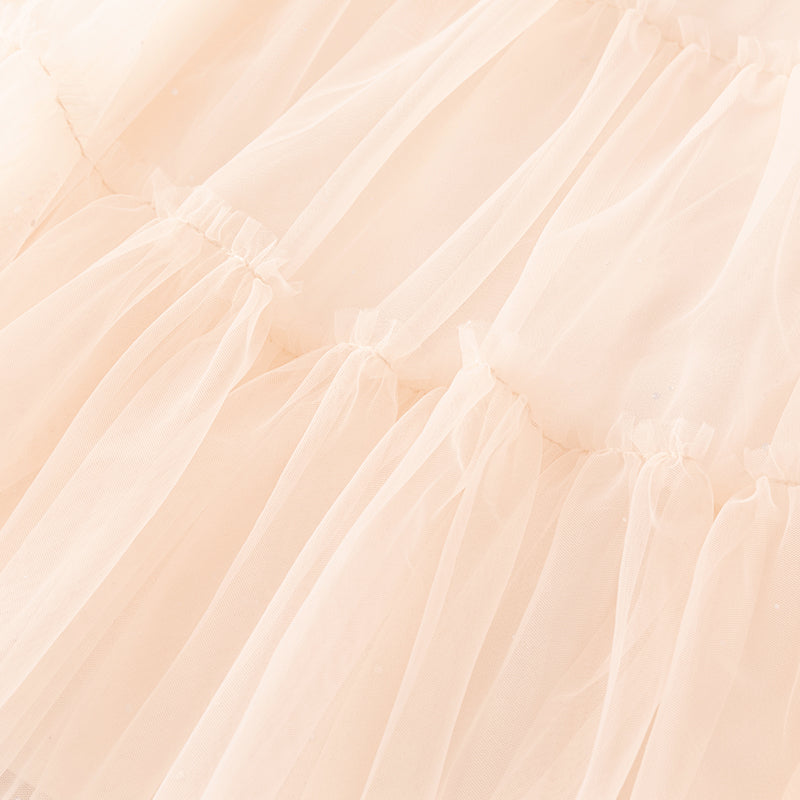 فستان شبكي وردي فاتح لحمي صيفي للفتيات مع تطريز ووشاح كتف زخرفي (يشمل حقيبة كروس)