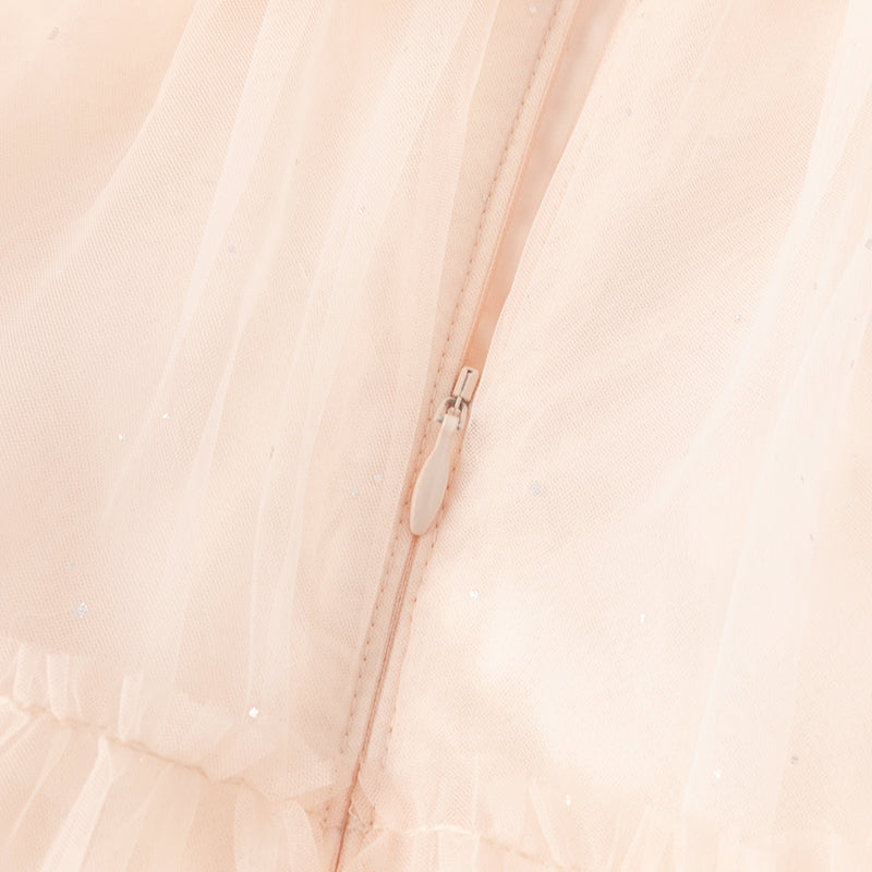 فستان شبكي وردي فاتح لحمي صيفي للفتيات مع تطريز ووشاح كتف زخرفي (يشمل حقيبة كروس)