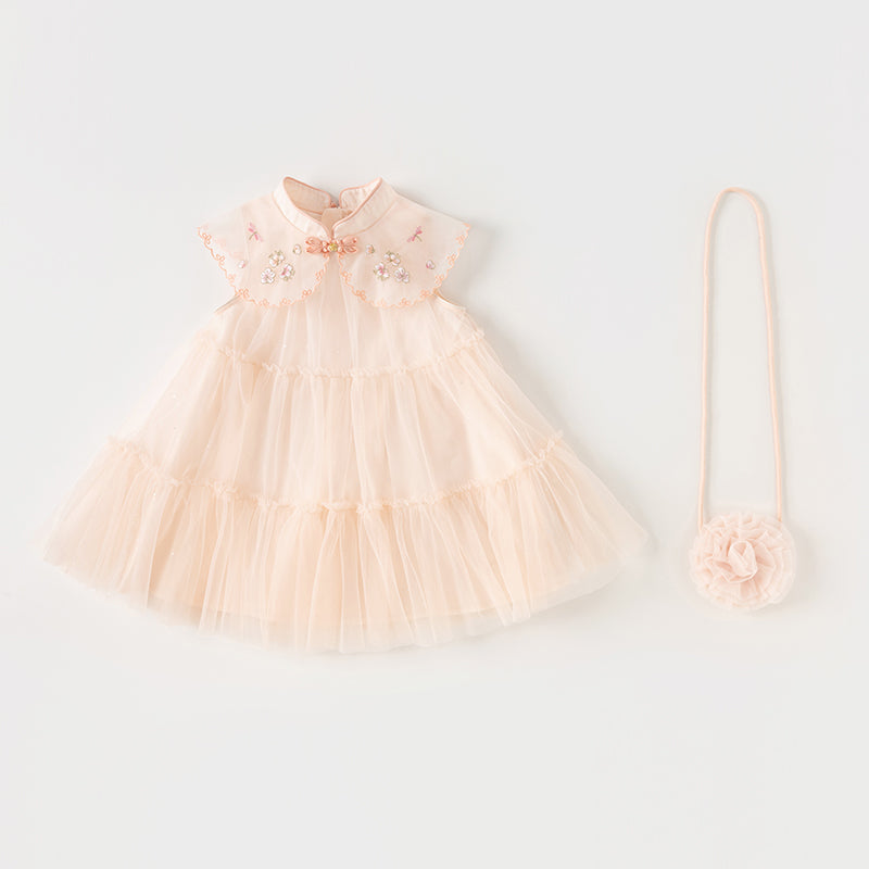 فستان شبكي وردي فاتح لحمي صيفي للفتيات مع تطريز ووشاح كتف زخرفي (يشمل حقيبة كروس)