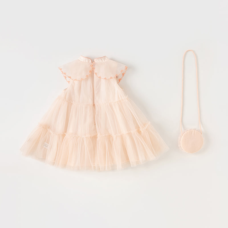 فستان شبكي وردي فاتح لحمي صيفي للفتيات مع تطريز ووشاح كتف زخرفي (يشمل حقيبة كروس)