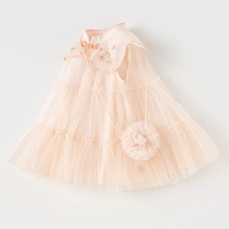 فستان شبكي وردي فاتح لحمي صيفي للفتيات مع تطريز ووشاح كتف زخرفي (يشمل حقيبة كروس)