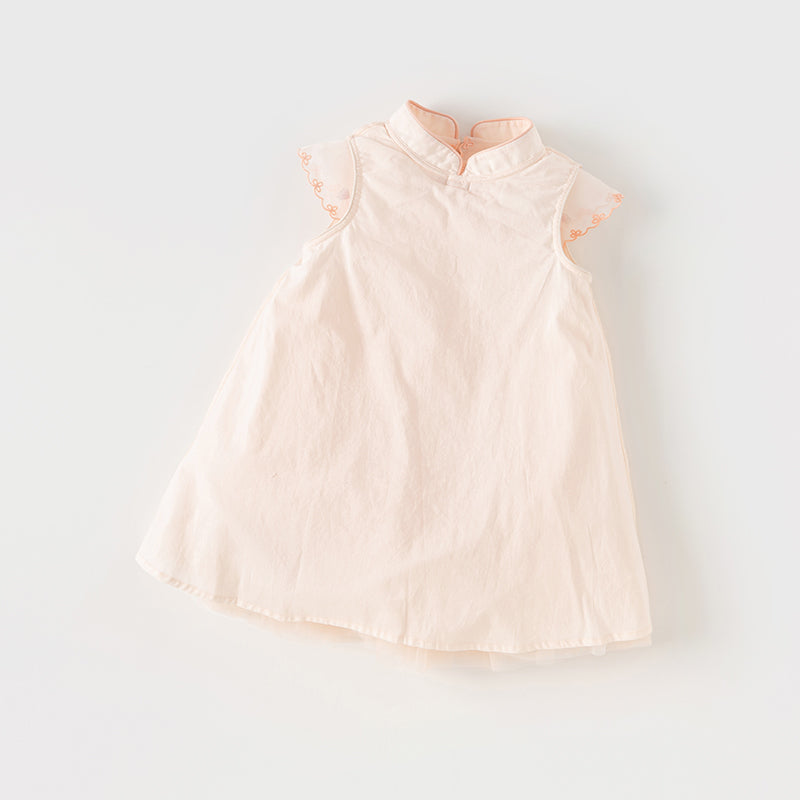 فستان شبكي وردي فاتح لحمي صيفي للفتيات مع تطريز ووشاح كتف زخرفي (يشمل حقيبة كروس)