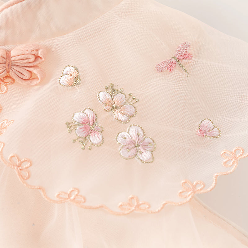 فستان شبكي وردي فاتح لحمي صيفي للفتيات مع تطريز ووشاح كتف زخرفي (يشمل حقيبة كروس)