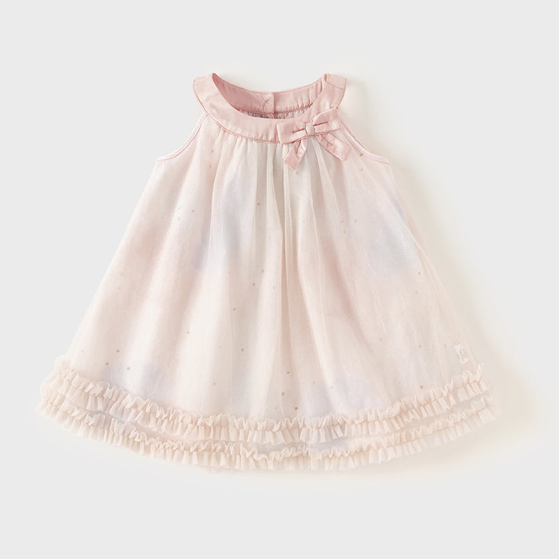 فستان صيفي للبنات الصغيرات من التول الوردي مزين بنجوم من الترتر
