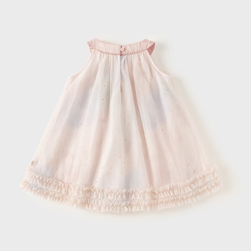 فستان صيفي للبنات الصغيرات من التول الوردي مزين بنجوم من الترتر