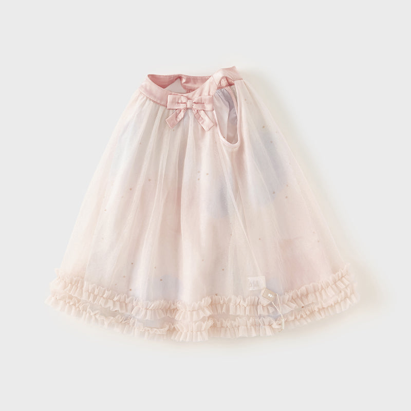 فستان صيفي للبنات الصغيرات من التول الوردي مزين بنجوم من الترتر