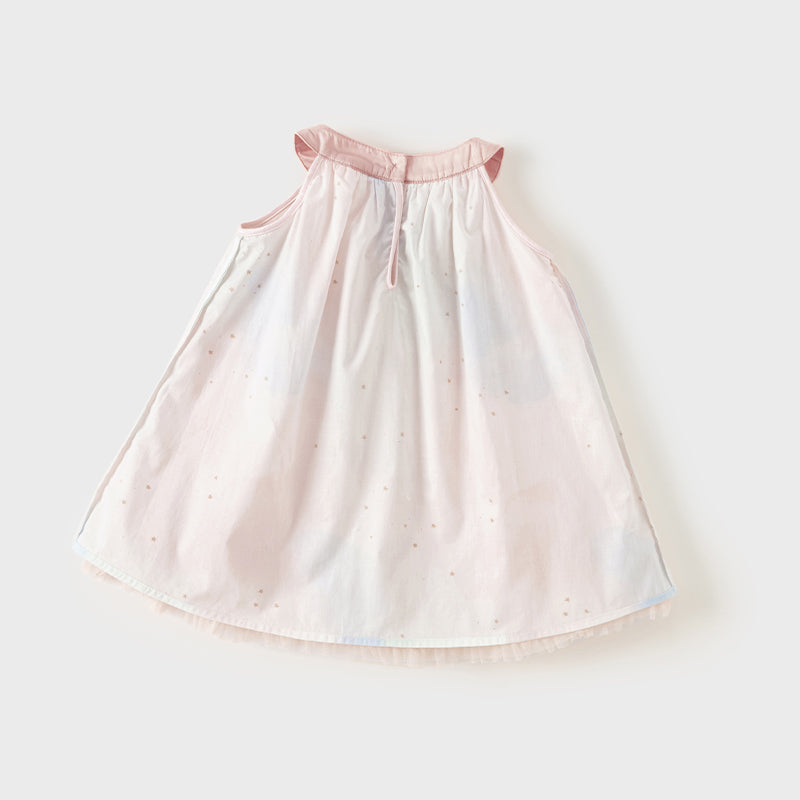 فستان صيفي للبنات الصغيرات من التول الوردي مزين بنجوم من الترتر