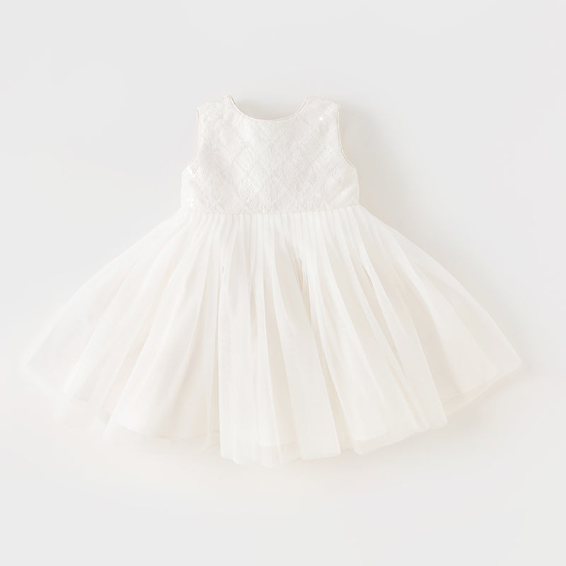 فستان بنات صيفي من التول أبيض فاتح مزين ببندلة فراشة شبكية قابلة للإزالة تصميم أميري(متضمن إكسسوار شعر)