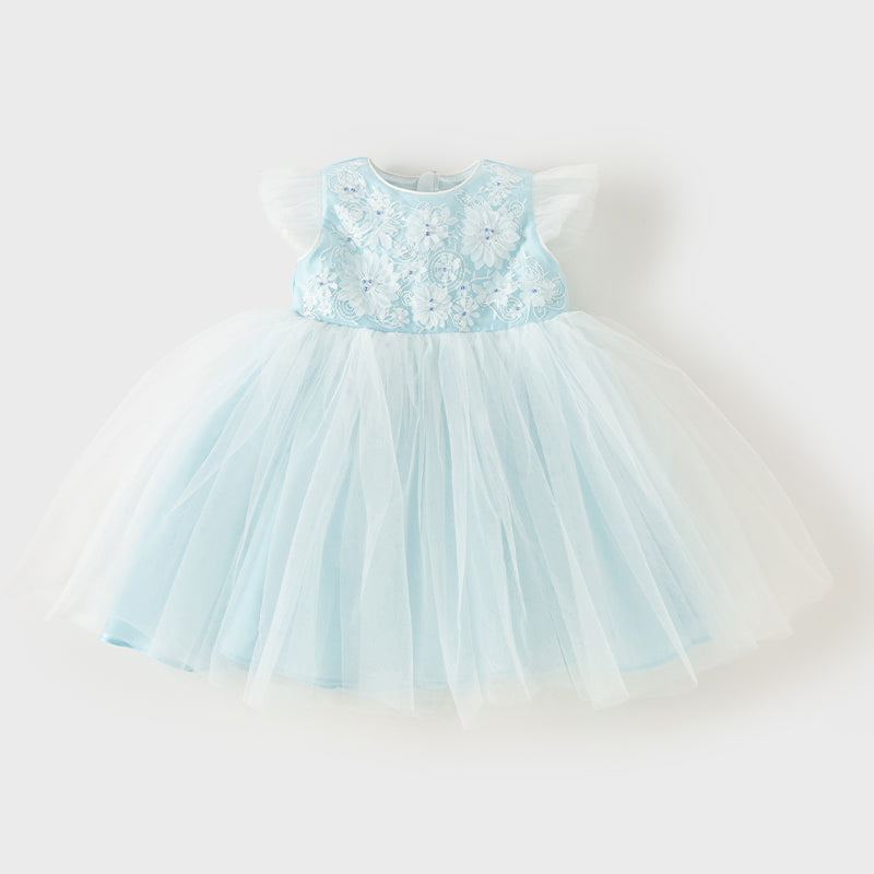 فستان صيفي للبنات الصغيرات بدون أكمام من التول الأزرق مزين بعقدة قابلة للإزالة بتصميم أنيق