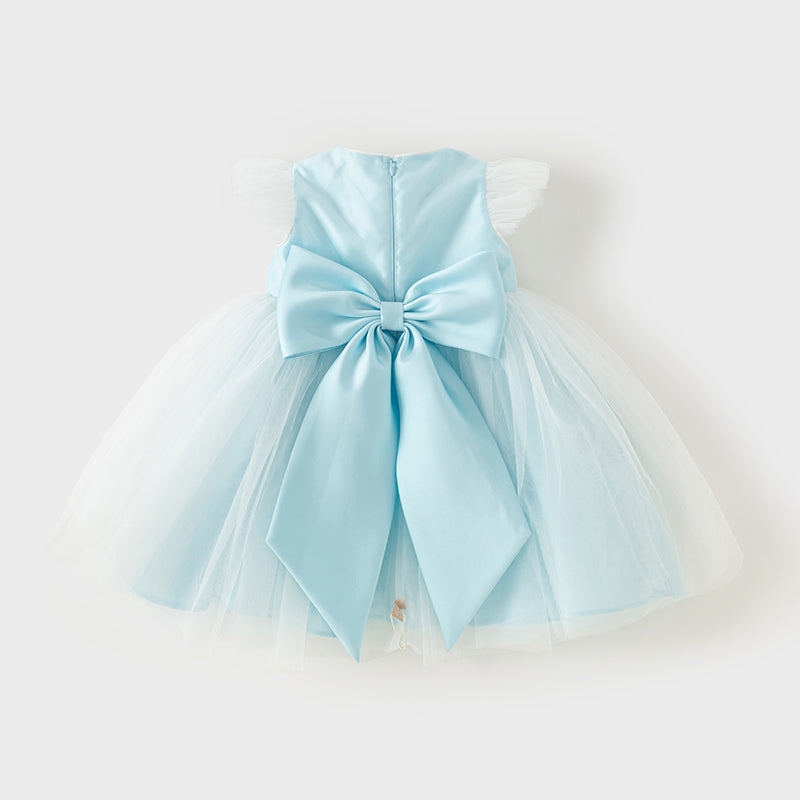 فستان صيفي للبنات الصغيرات بدون أكمام من التول الأزرق مزين بعقدة قابلة للإزالة بتصميم أنيق