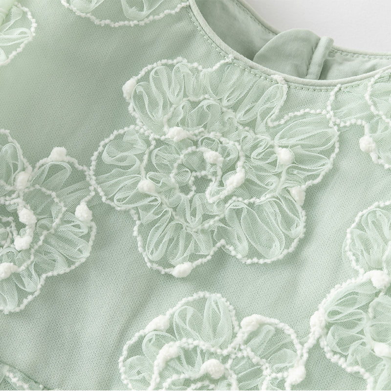 فستان صيفي للبنات الصغيرات من التول باللون الأخضر مزين بتطريز دانتيل زهور