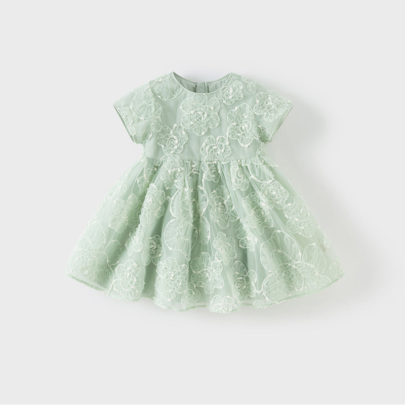 فستان صيفي للبنات الصغيرات من التول باللون الأخضر مزين بتطريز دانتيل زهور