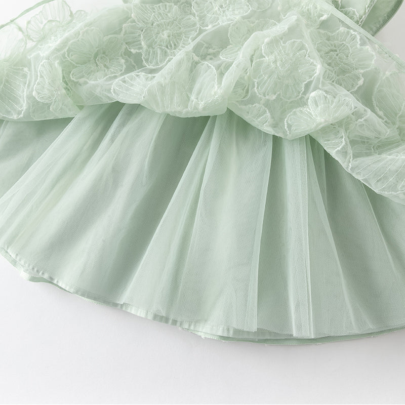فستان صيفي للبنات الصغيرات من التول باللون الأخضر مزين بتطريز دانتيل زهور