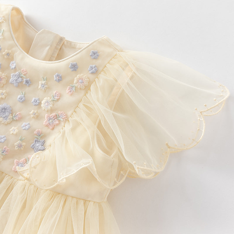 فساتين أميرات صيفية مطرزة باللون الأصفر للبنات الصغيرات