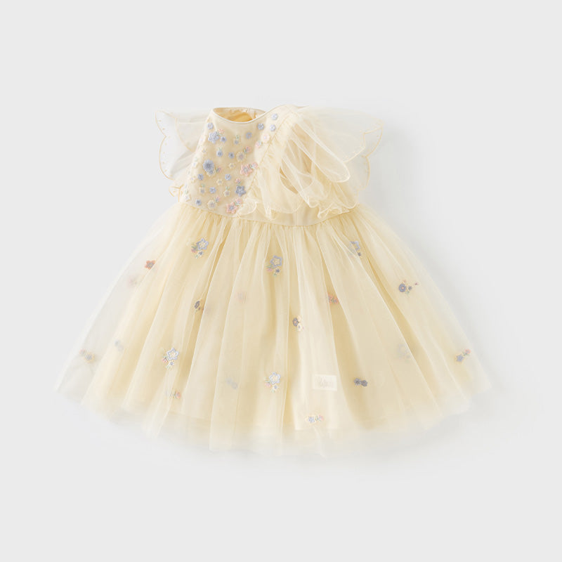 فساتين أميرات صيفية مطرزة باللون الأصفر للبنات الصغيرات