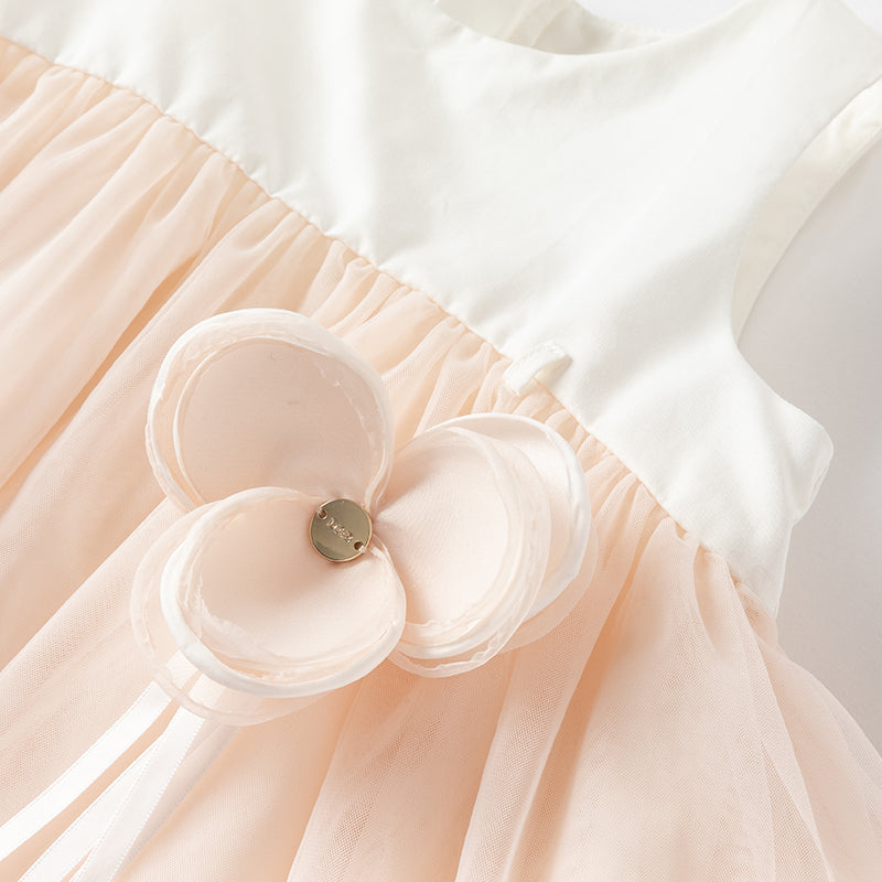 فستان تول بدون أكمام للبنات باللون الوردي الفاتح، تصميم أنيق مع زهرة قابلة للفصل