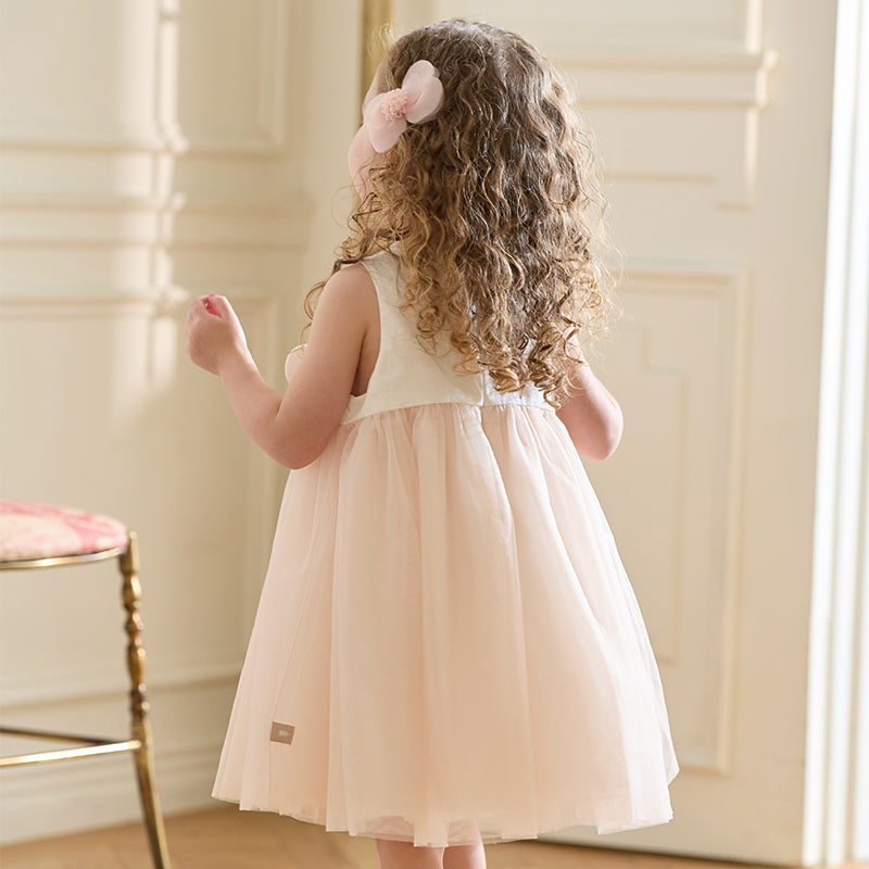 فستان تول بدون أكمام للبنات باللون الوردي الفاتح، تصميم أنيق مع زهرة قابلة للفصل