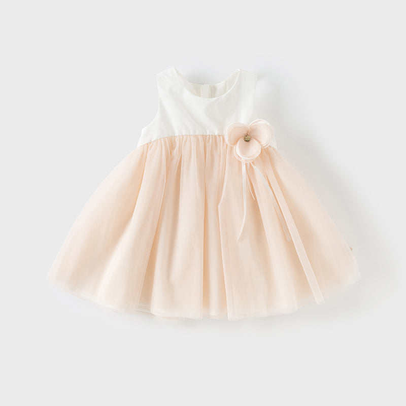 فستان تول بدون أكمام للبنات باللون الوردي الفاتح، تصميم أنيق مع زهرة قابلة للفصل