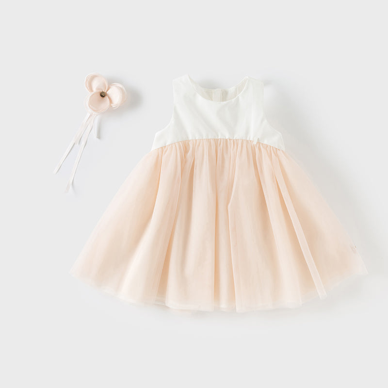 فستان تول بدون أكمام للبنات باللون الوردي الفاتح، تصميم أنيق مع زهرة قابلة للفصل