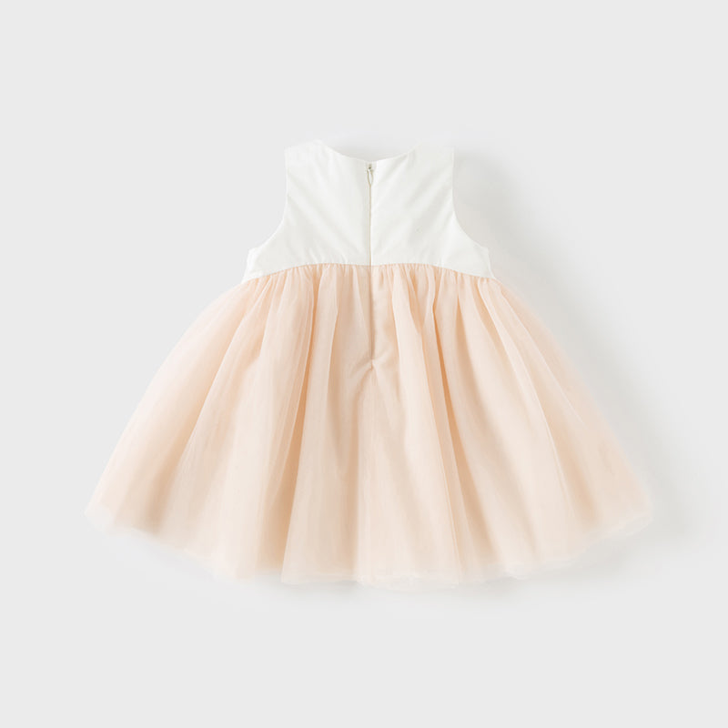 فستان تول بدون أكمام للبنات باللون الوردي الفاتح، تصميم أنيق مع زهرة قابلة للفصل