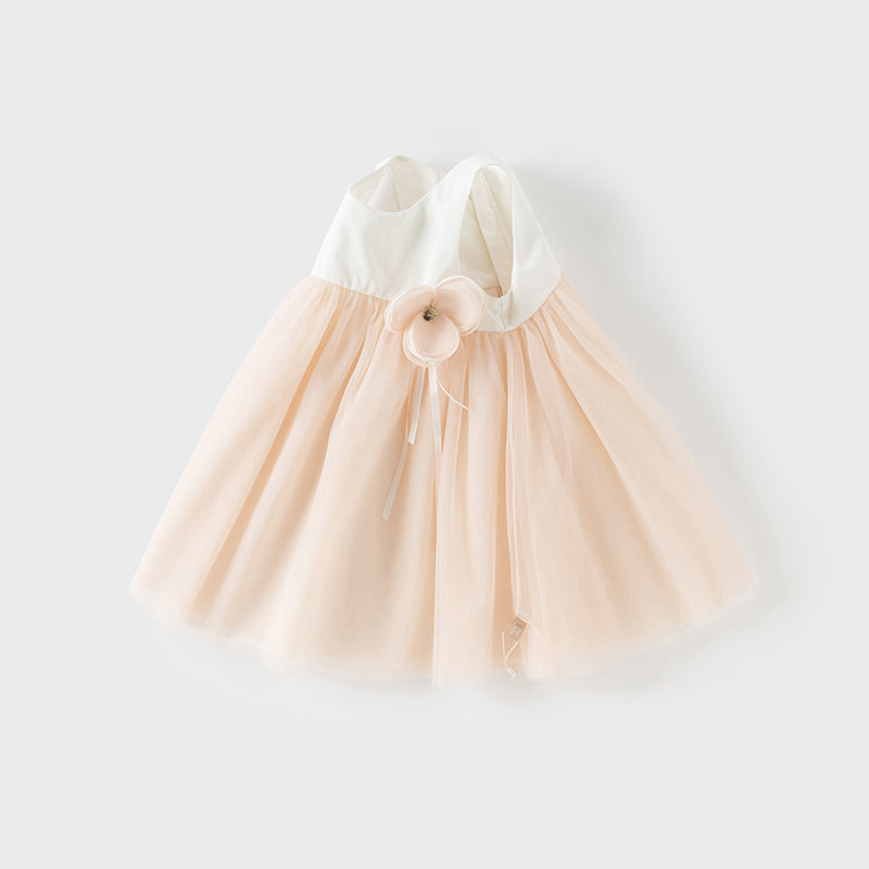 فستان تول بدون أكمام للبنات باللون الوردي الفاتح، تصميم أنيق مع زهرة قابلة للفصل