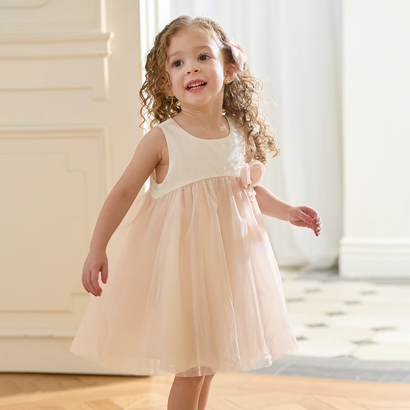 فستان تول بدون أكمام للبنات باللون الوردي الفاتح، تصميم أنيق مع زهرة قابلة للفصل