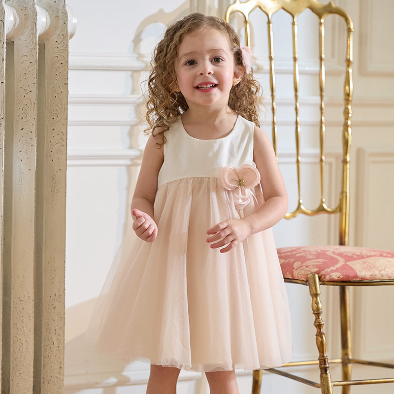 فستان تول بدون أكمام للبنات باللون الوردي الفاتح، تصميم أنيق مع زهرة قابلة للفصل