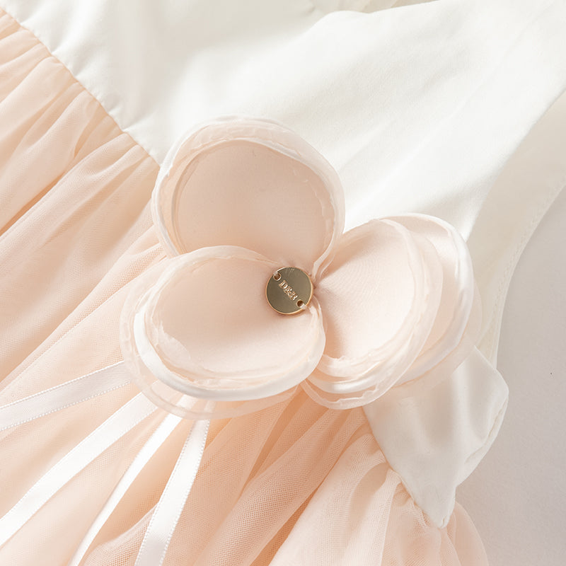 فستان تول بدون أكمام للبنات باللون الوردي الفاتح، تصميم أنيق مع زهرة قابلة للفصل