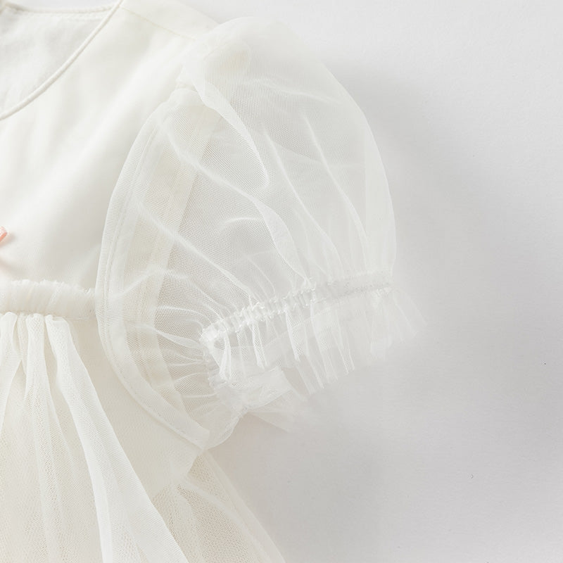 فستان شبكي مزخرف بتطريز الزهور للبنات لصيف باللون الأبيض