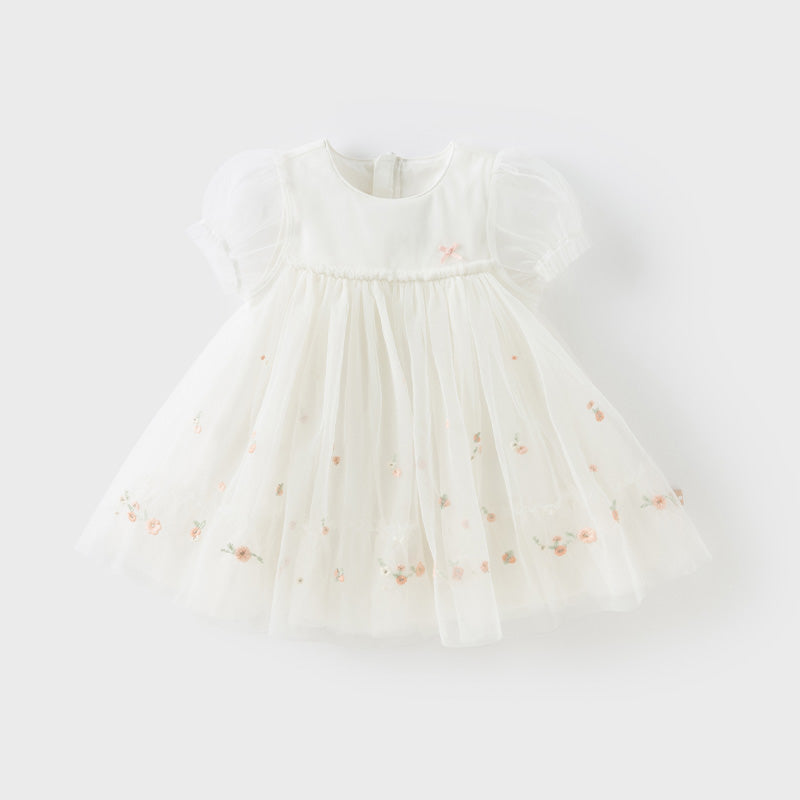 فستان شبكي مزخرف بتطريز الزهور للبنات لصيف باللون الأبيض