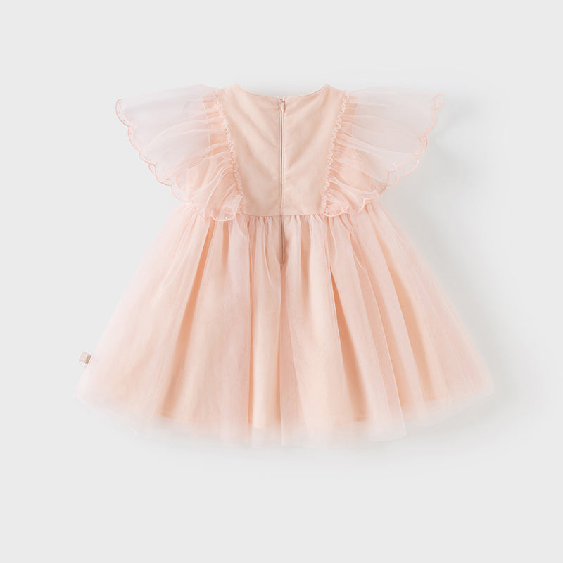 فستان بنات صيفي من التول باللون الوردي الرمادي بأكمام خفاشية صغيرة تصميم أميري