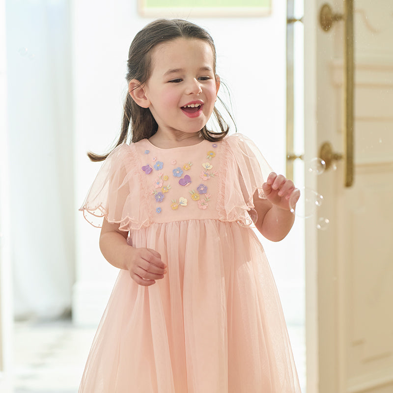 فستان بنات صيفي من التول باللون الوردي الرمادي بأكمام خفاشية صغيرة تصميم أميري