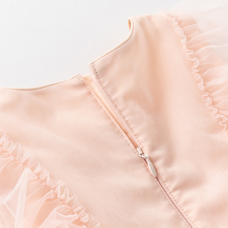 فستان بنات صيفي من التول باللون الوردي الرمادي بأكمام خفاشية صغيرة تصميم أميري