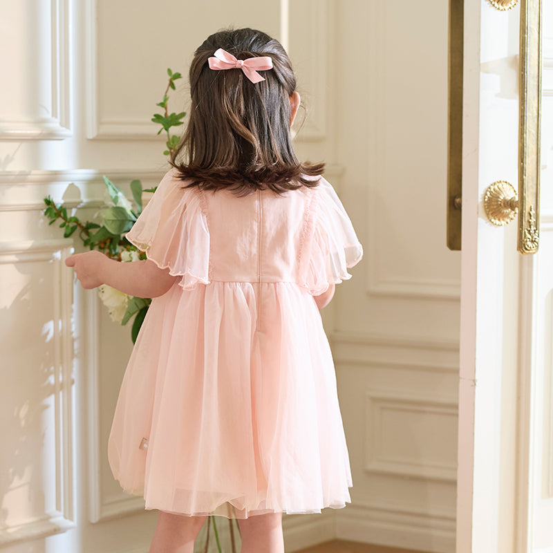 فستان بنات صيفي من التول باللون الوردي الرمادي بأكمام خفاشية صغيرة تصميم أميري