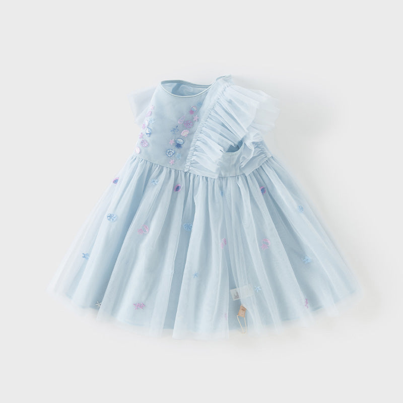 فستان حفلة صيفي بدون أكمام شبكي باللون الأزرق الفاتح للبنات الأطفال