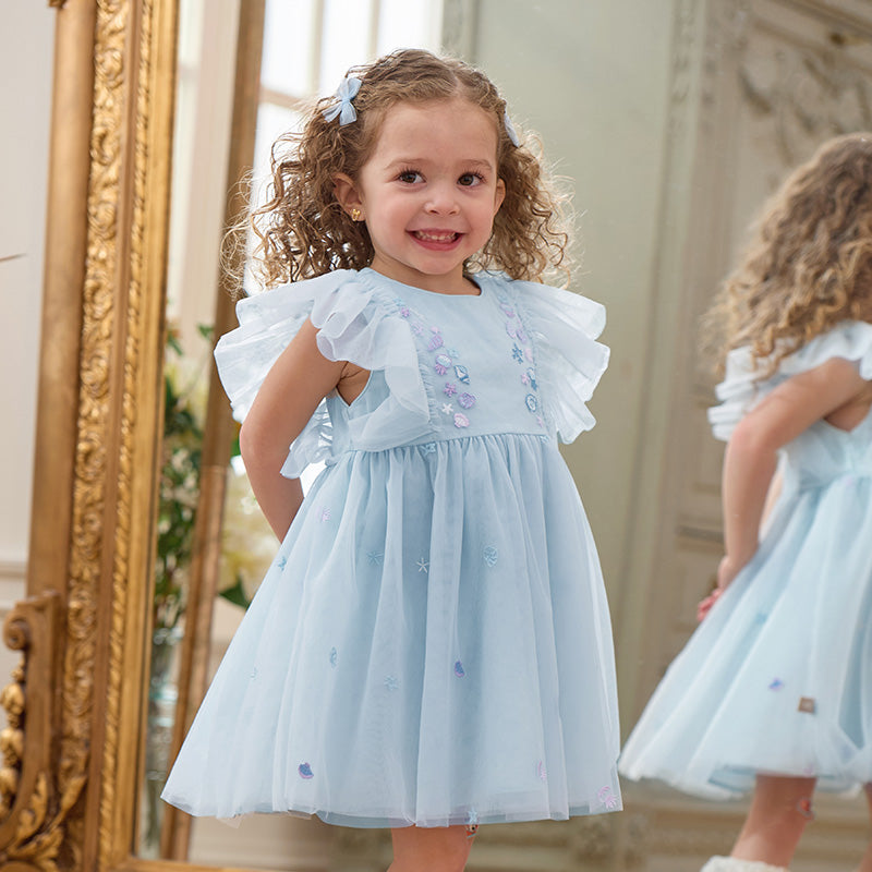 فستان حفلة صيفي بدون أكمام شبكي باللون الأزرق الفاتح للبنات الأطفال