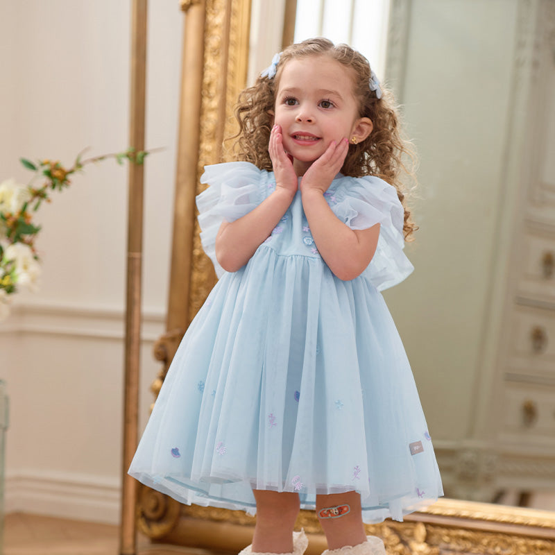 فستان حفلة صيفي بدون أكمام شبكي باللون الأزرق الفاتح للبنات الأطفال