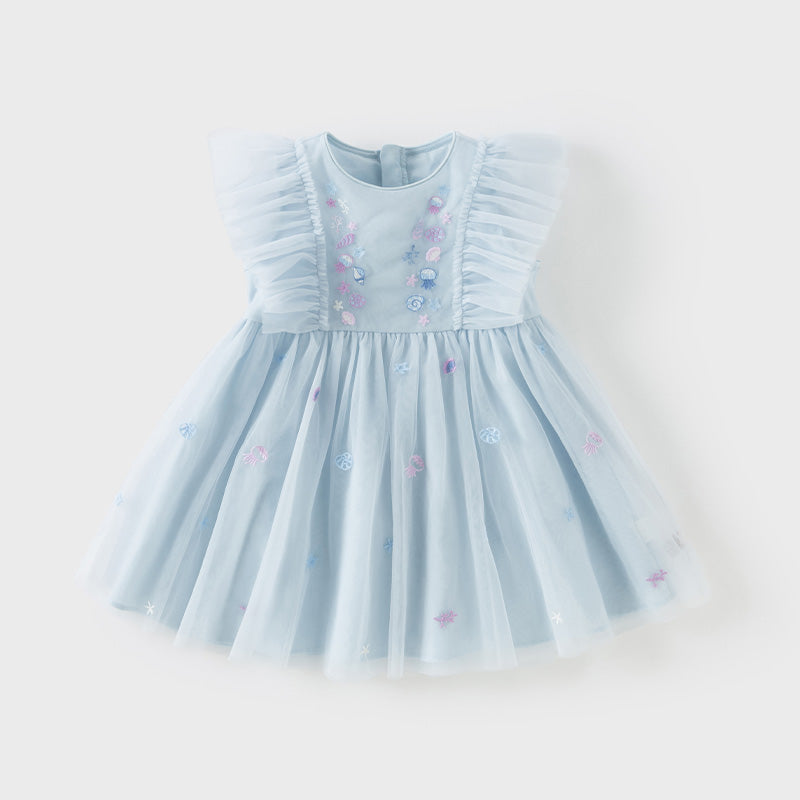 فستان حفلة صيفي بدون أكمام شبكي باللون الأزرق الفاتح للبنات الأطفال