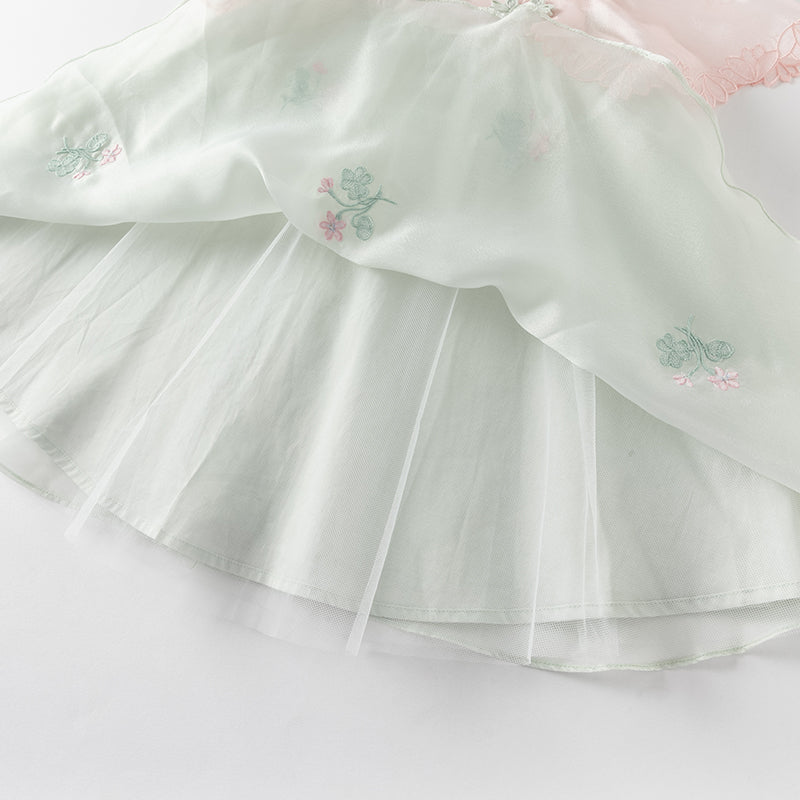 فستان صيفي للبنات الصغيرات من التول باللون الأخضر بتصميم صيني على شكل حرف A