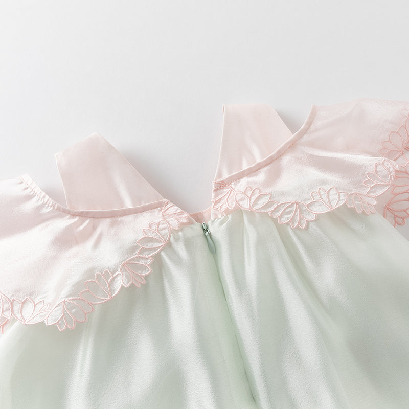 فستان صيفي للبنات الصغيرات من التول باللون الأخضر بتصميم صيني على شكل حرف A