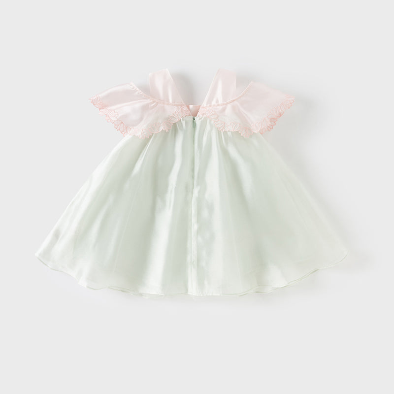 فستان صيفي للبنات الصغيرات من التول باللون الأخضر بتصميم صيني على شكل حرف A