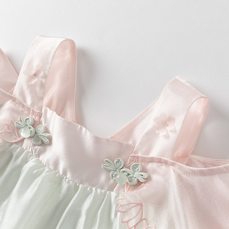 فستان صيفي للبنات الصغيرات من التول باللون الأخضر بتصميم صيني على شكل حرف A